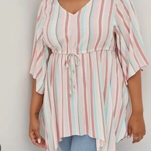 Torrid Top Women 14 Pink Striped Babydoll Boho Western Summer Rainbow Retro 80s